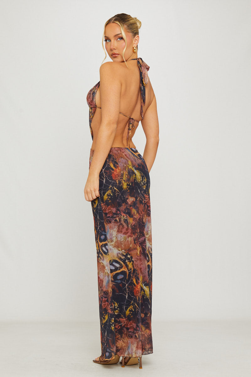 Valantomode | Chic Brown Plunge Halter Open Back Maxi Dress