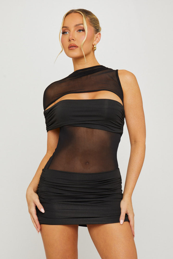Valantomode | Chic Black One Shoulder Mesh High Neck Dress