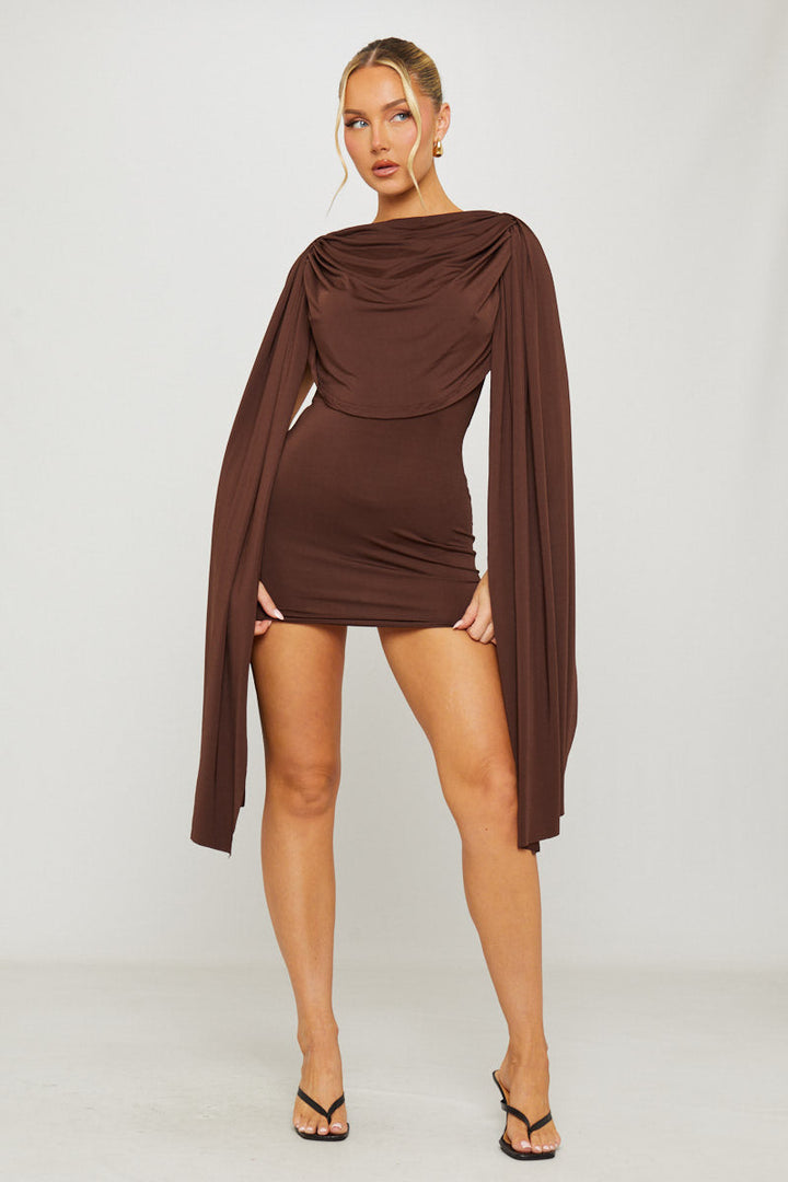 Valantomode | Chic Brown Bodycon Mini Dress with Draped Shoulders