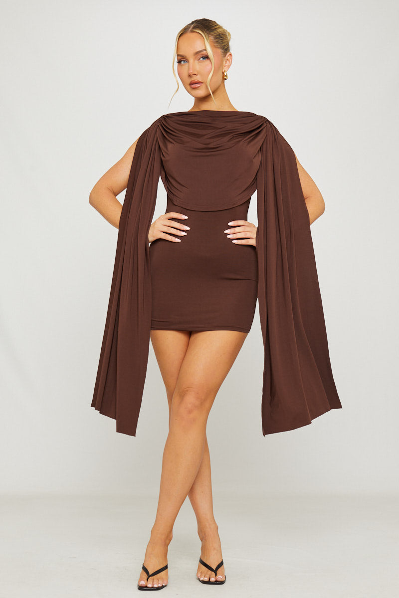 Valantomode | Chic Brown Bodycon Mini Dress with Draped Shoulders