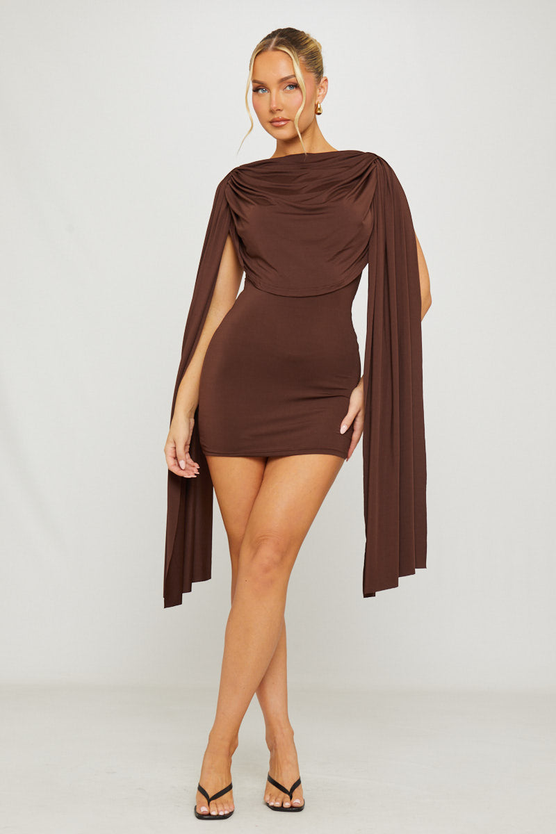 Valantomode | Chic Brown Bodycon Mini Dress with Draped Shoulders