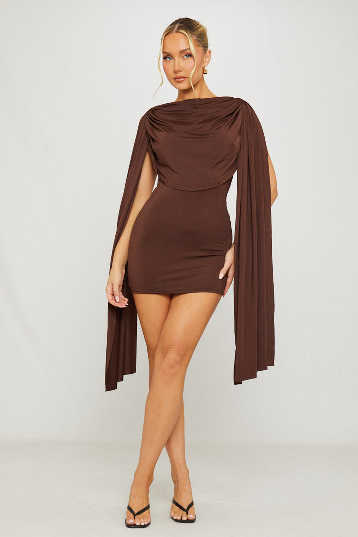 Valantomode | Chic Brown Bodycon Mini Dress with Draped Shoulders