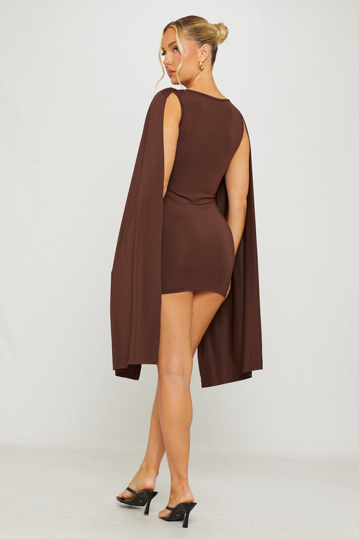 Valantomode | Chic Brown Bodycon Mini Dress with Draped Shoulders