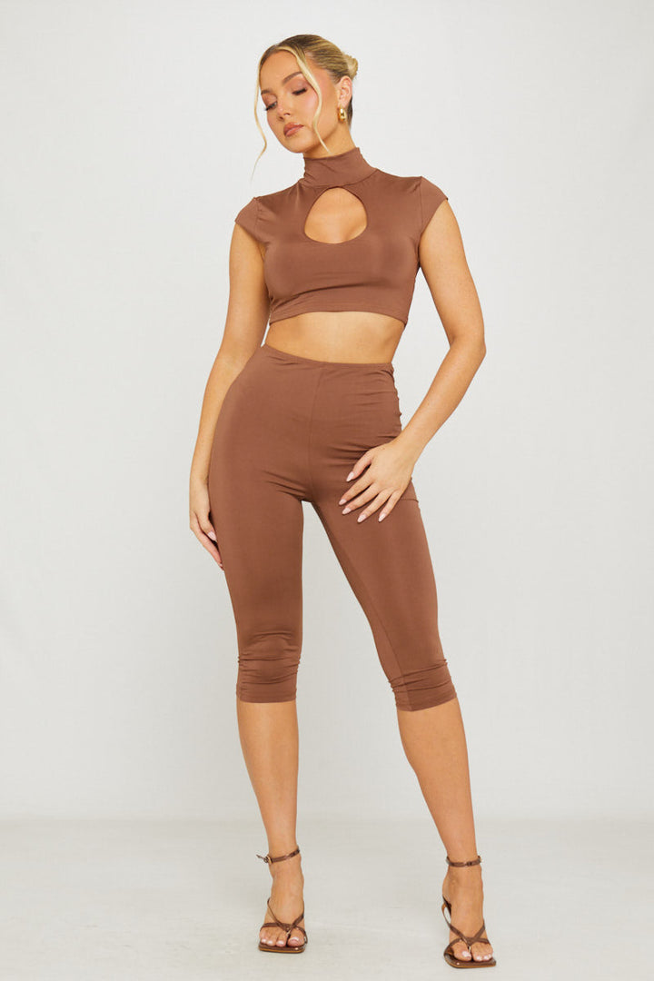 Valantomode | Chic Brown High Neck Cut-Out Capri Set for Stylish Looks