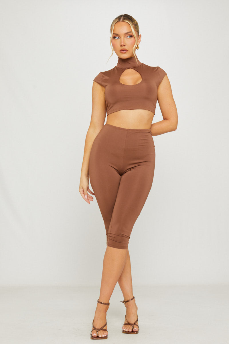 Valantomode | Chic Brown High Neck Cut-Out Capri Set for Stylish Looks