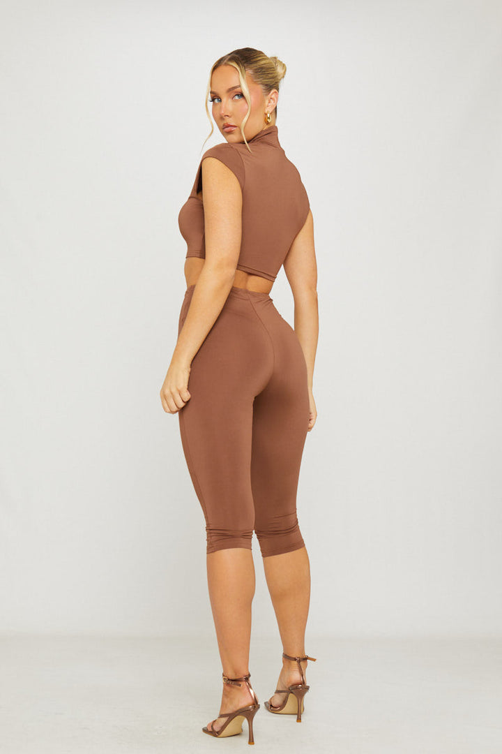 Valantomode | Chic Brown High Neck Cut-Out Capri Set for Stylish Looks