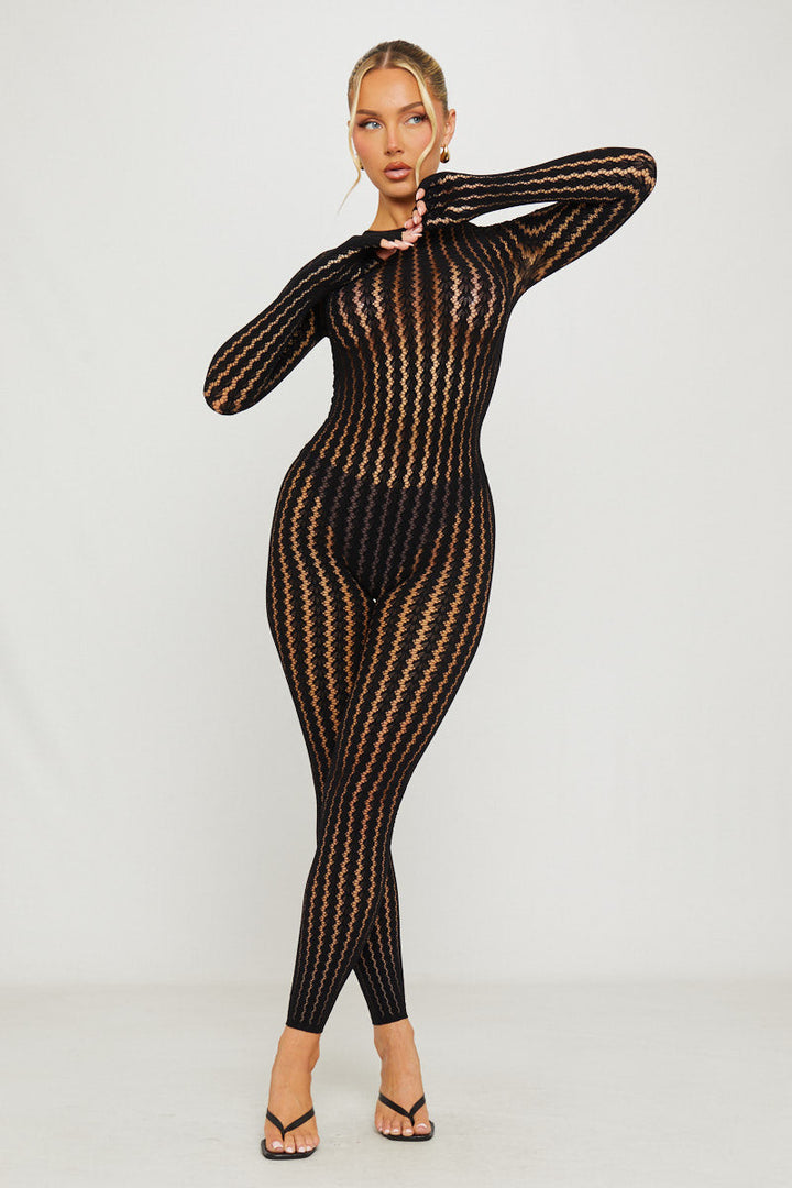 Valantomode | Chic Black Mesh Cut-Out Long Sleeve Jumpsuit
