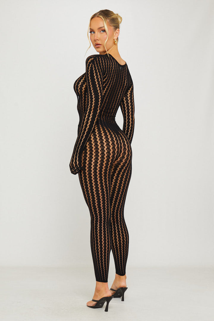 Valantomode | Chic Black Mesh Cut-Out Long Sleeve Jumpsuit