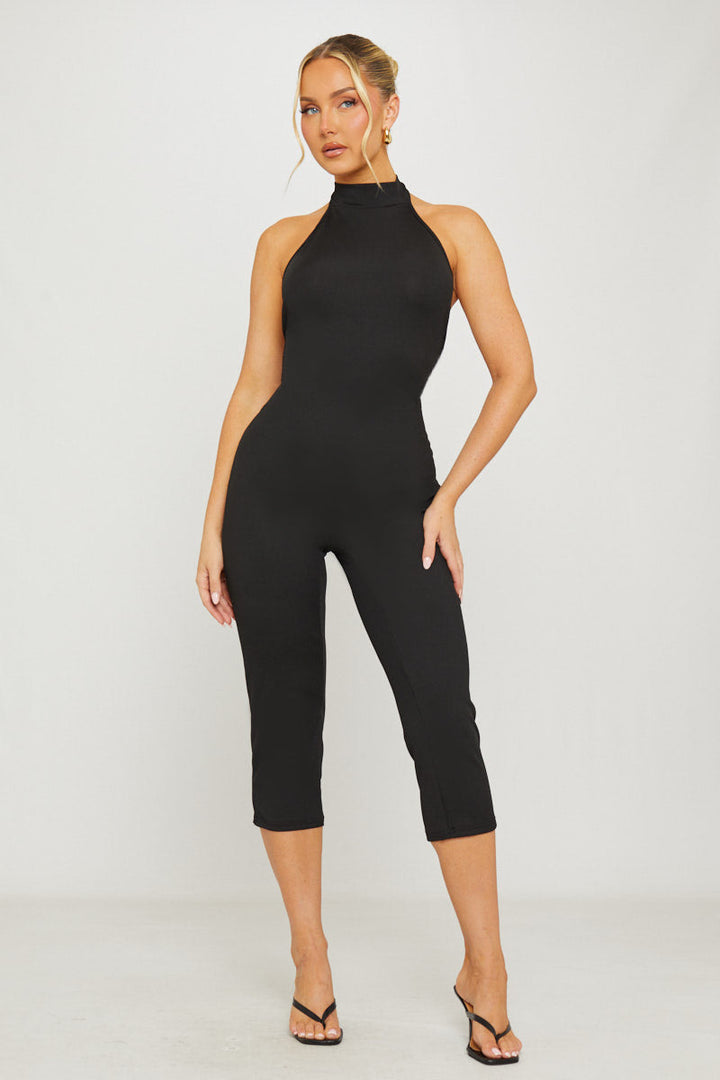 Valantomode | Chic Black Ribbed High Neck Capri Jumpsuit for Effortless Style