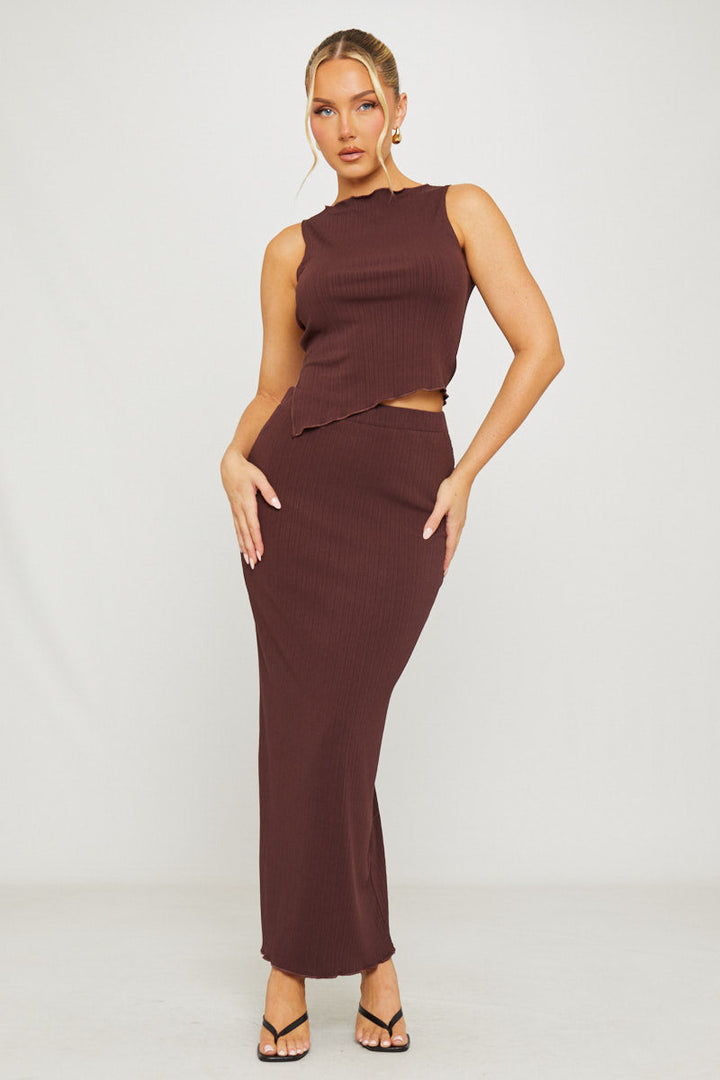 Valantomode | Chic Brown Ribbed Asymmetric Top & Maxi Skirt Set