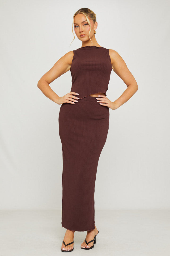 Valantomode | Chic Brown Ribbed Asymmetric Top & Maxi Skirt Set