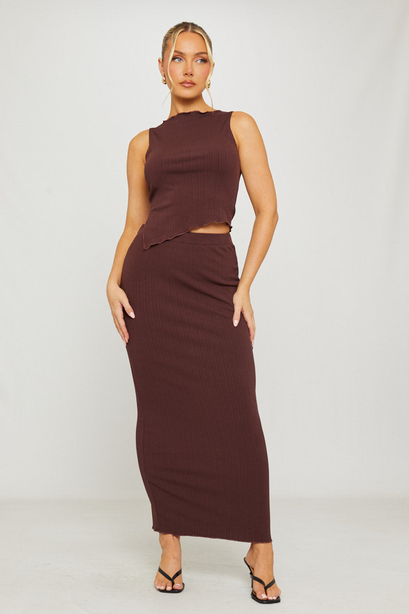 Valantomode | Chic Brown Ribbed Asymmetric Top & Maxi Skirt Set