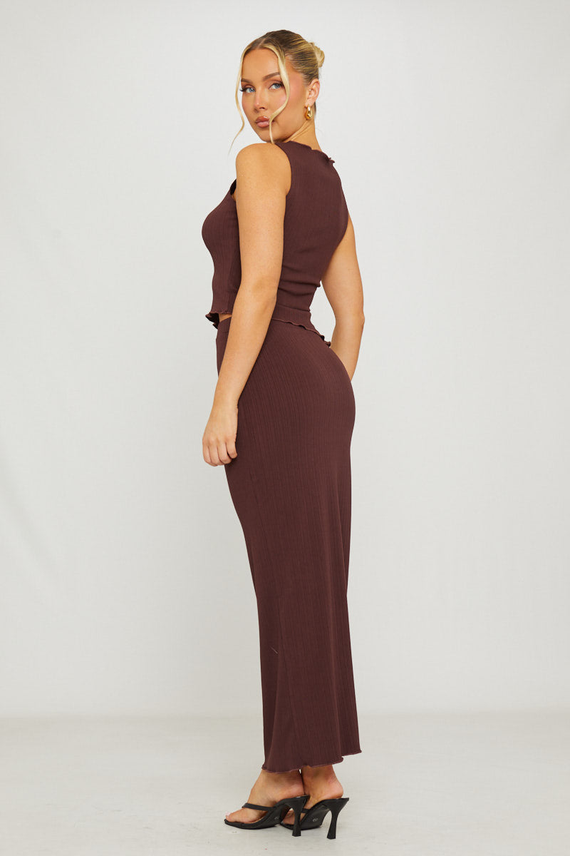 Valantomode | Chic Brown Ribbed Asymmetric Top & Maxi Skirt Set