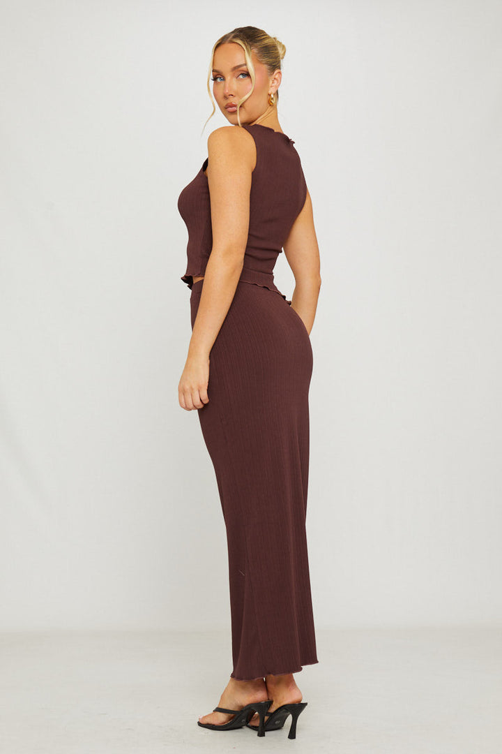 Valantomode | Chic Brown Ribbed Asymmetric Top & Maxi Skirt Set