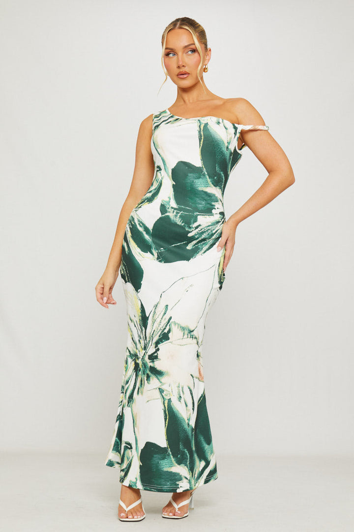 Valantomode | Asymmetric One Shoulder Green Floral Maxi Dress