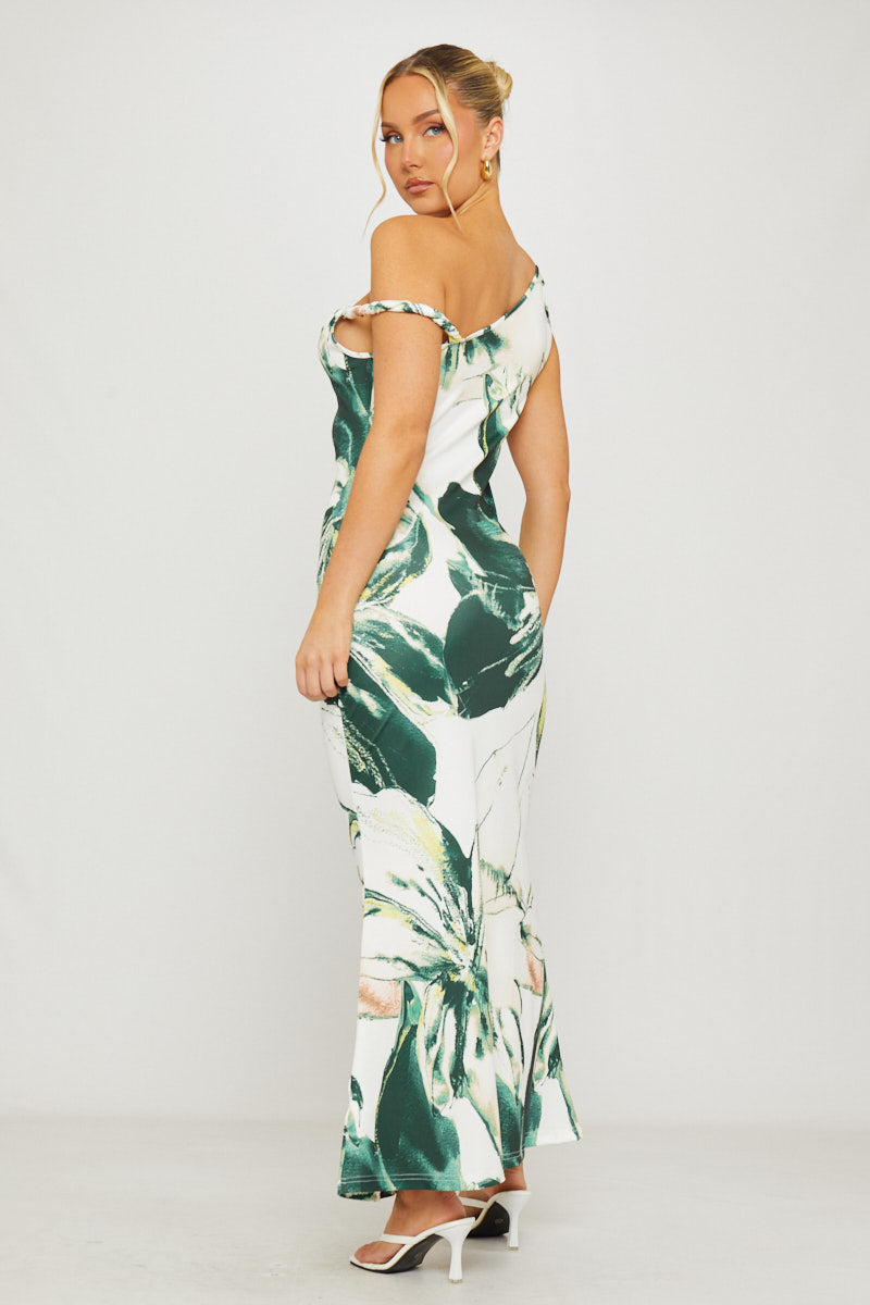 Valantomode | Asymmetric One Shoulder Green Floral Maxi Dress