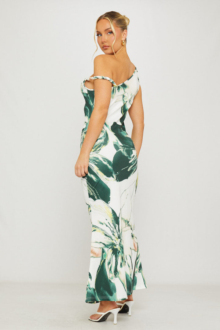 Valantomode | Asymmetric One Shoulder Green Floral Maxi Dress