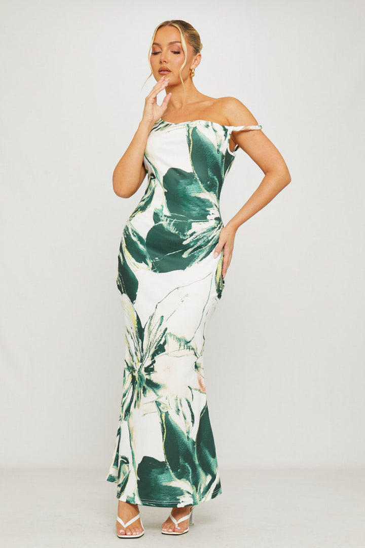 Valantomode | Asymmetric One Shoulder Green Floral Maxi Dress