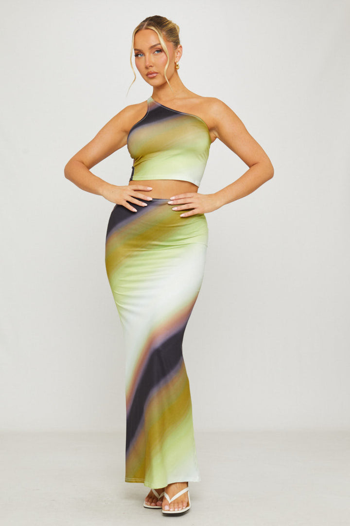 Valantomode | Stylish Green Ombre One Shoulder Top & Maxi Skirt Set