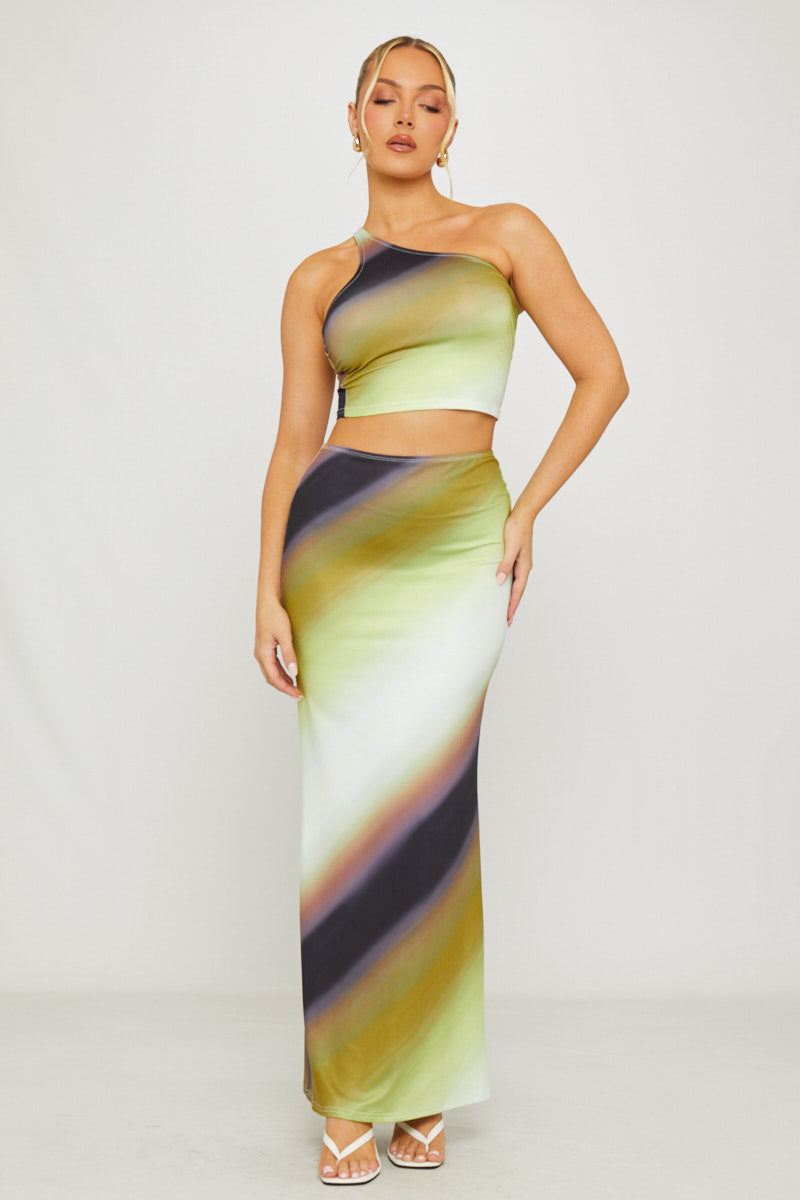 Valantomode | Stylish Green Ombre One Shoulder Top & Maxi Skirt Set