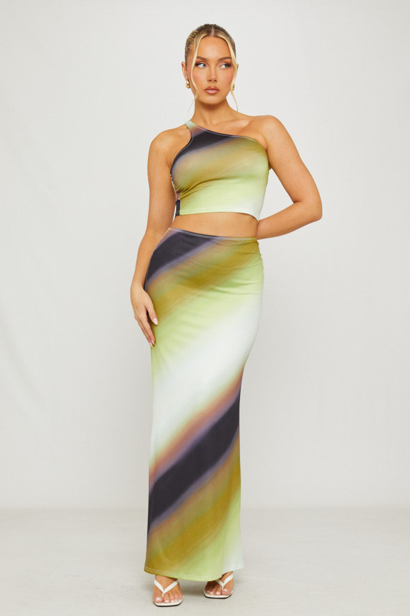 Valantomode | Stylish Green Ombre One Shoulder Top & Maxi Skirt Set
