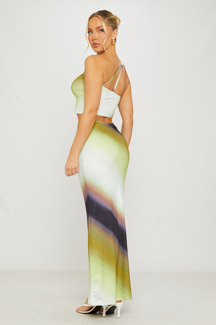 Valantomode | Stylish Green Ombre One Shoulder Top & Maxi Skirt Set