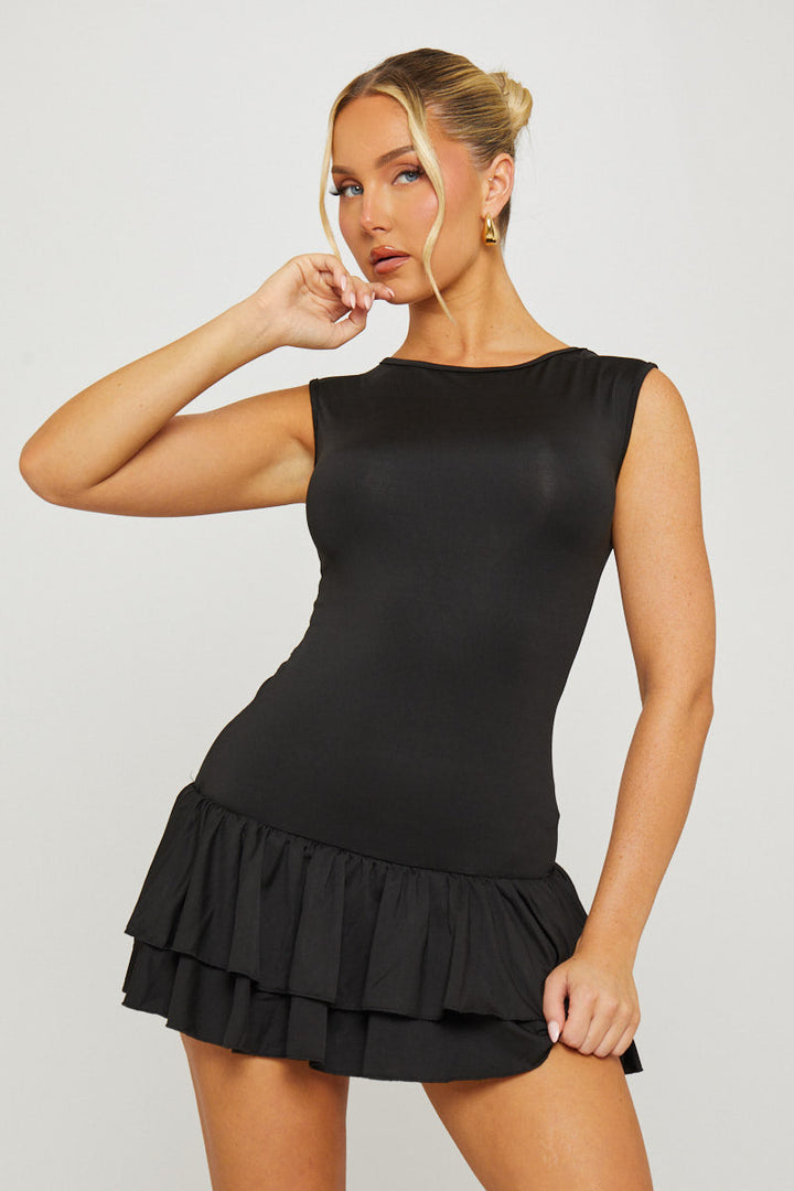 Valantomode | Chic Black Ruffle Hem Mini Dress with Sleeveless Design