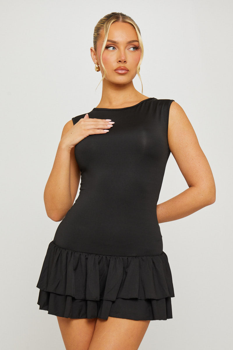 Valantomode | Chic Black Ruffle Hem Mini Dress with Sleeveless Design