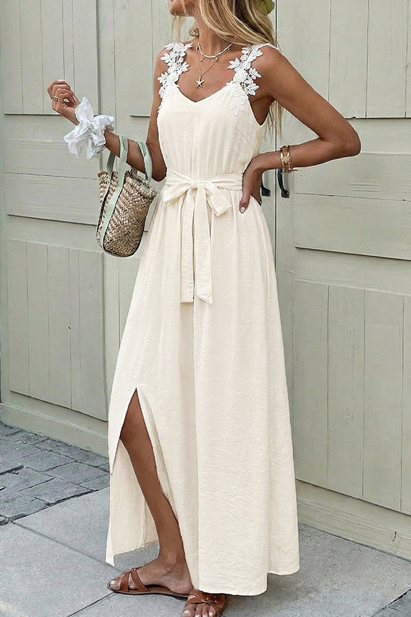 Valantomode | Chic Solid Color Tie Waist Dress with Side Slits