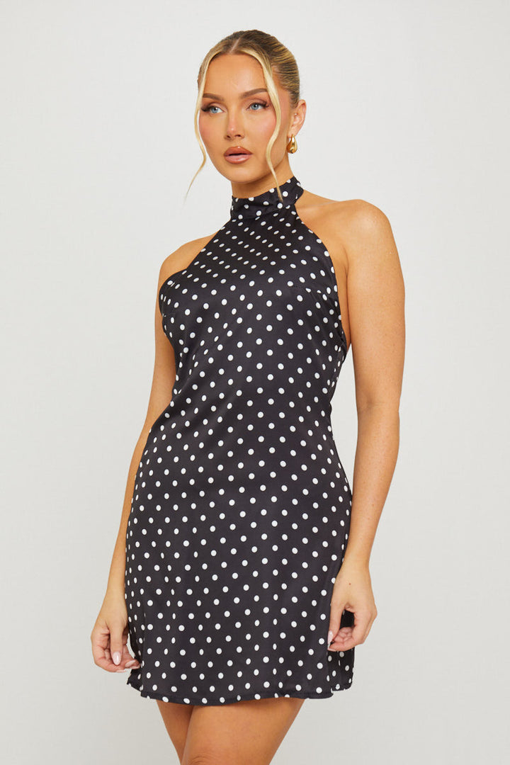 Valantomode | Chic Black Polka Dot Halterneck Mini Dress with Open Back