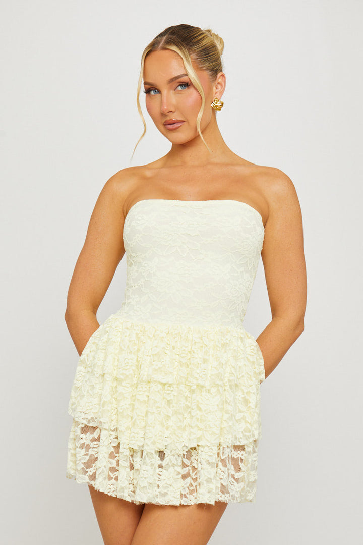 Valantomode | Lemon Ruffle Mini Dress with Lace Strapless Design