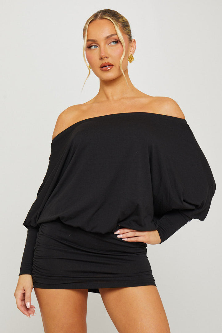 Valantomode | Robe Mini Noire Épaules Dénudées avec Fronces Chic