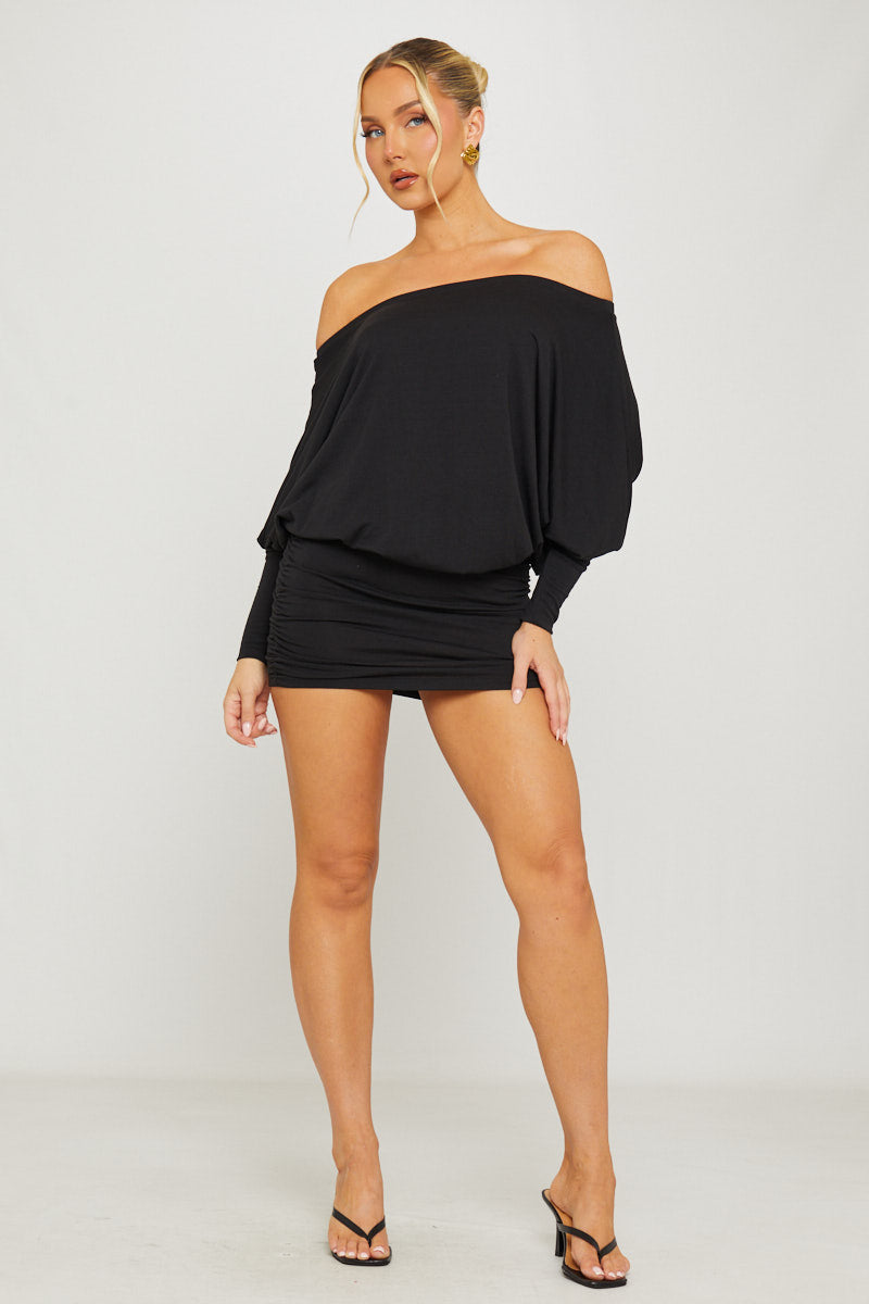 Valantomode | Robe Mini Noire Épaules Dénudées avec Fronces Chic