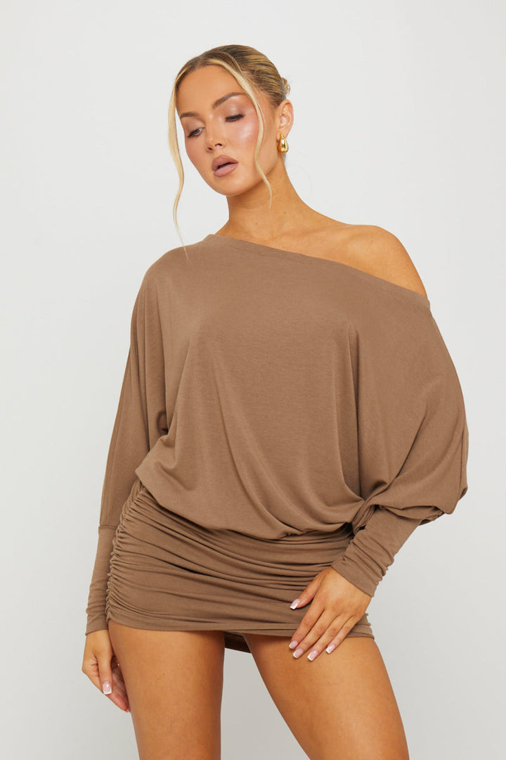 Valantomode | Chic Brown Off-Shoulder Ruched Batwing Mini Dress