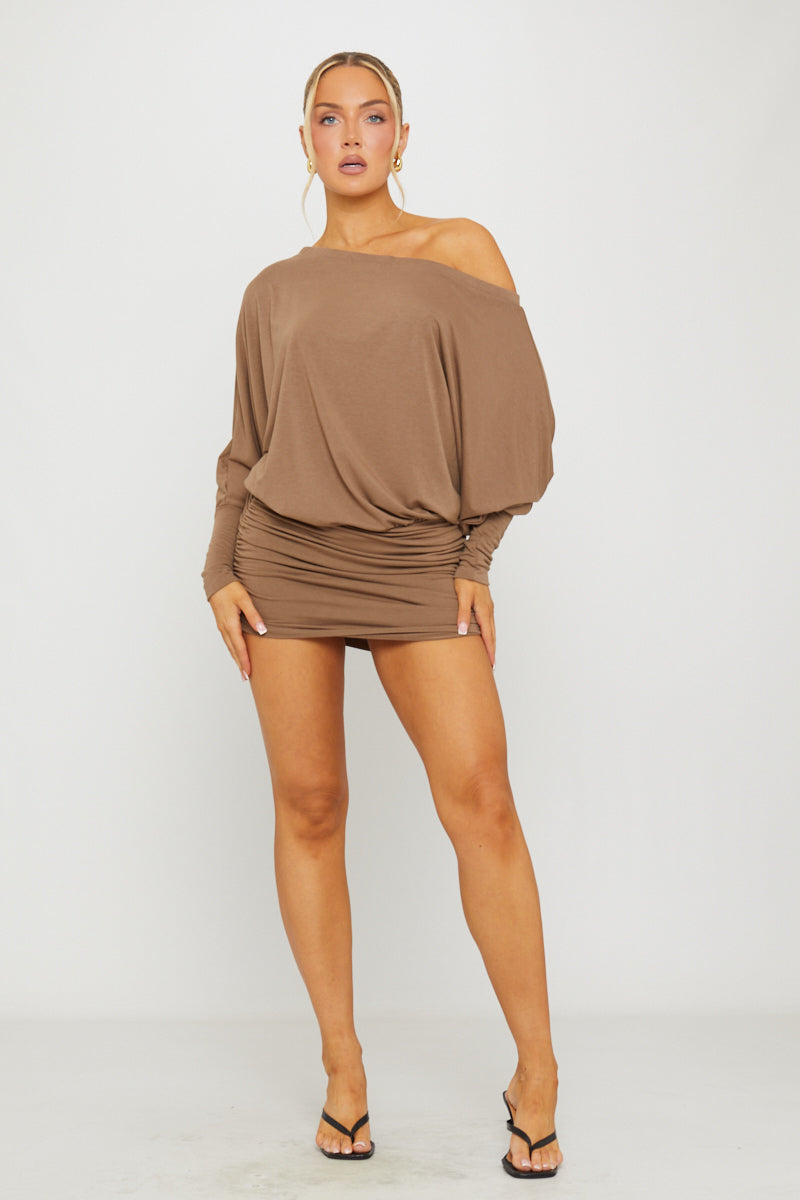 Valantomode | Chic Brown Off-Shoulder Ruched Batwing Mini Dress