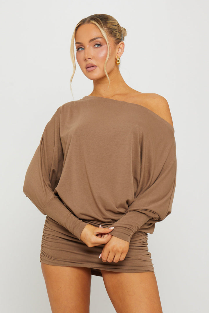 Valantomode | Chic Brown Off-Shoulder Ruched Batwing Mini Dress