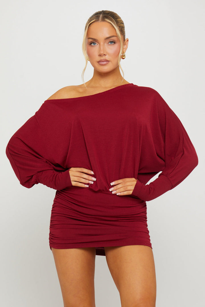 Valantomode | Chic Burgundy Off-Shoulder Ruched Batwing Mini Dress