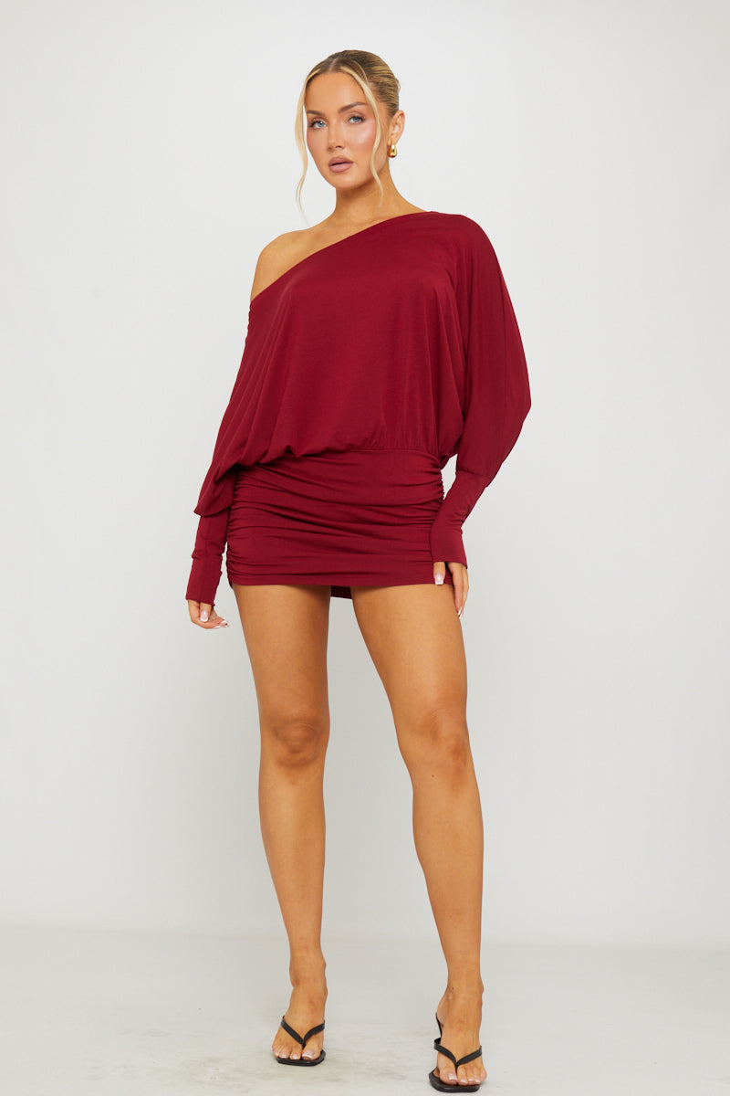 Valantomode | Chic Burgundy Off-Shoulder Ruched Batwing Mini Dress
