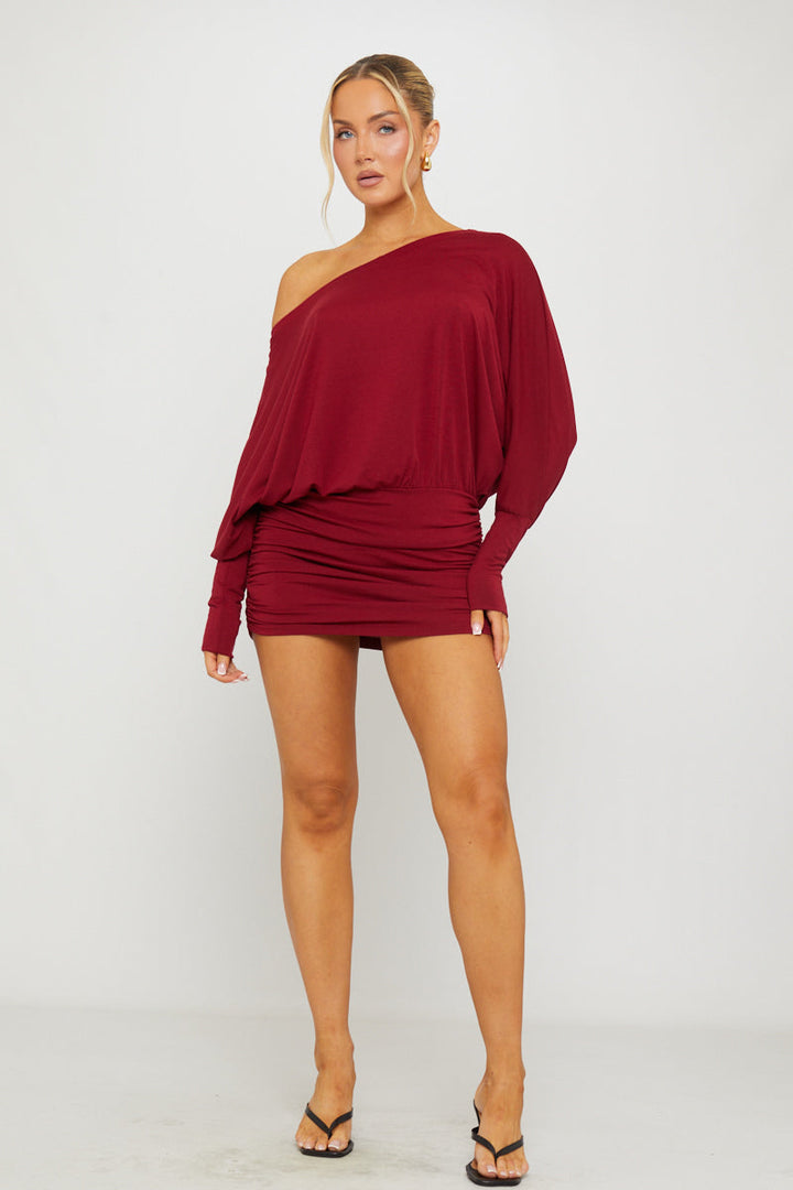 Valantomode | Chic Burgundy Off-Shoulder Ruched Batwing Mini Dress