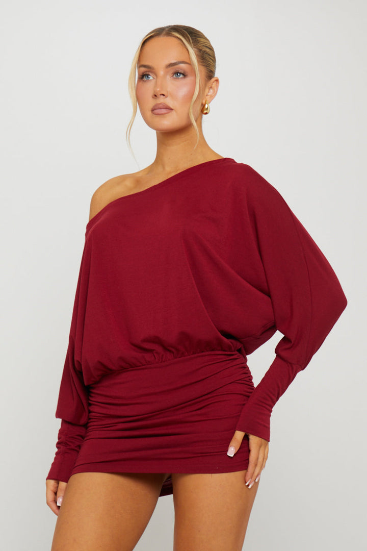 Valantomode | Chic Burgundy Off-Shoulder Ruched Batwing Mini Dress