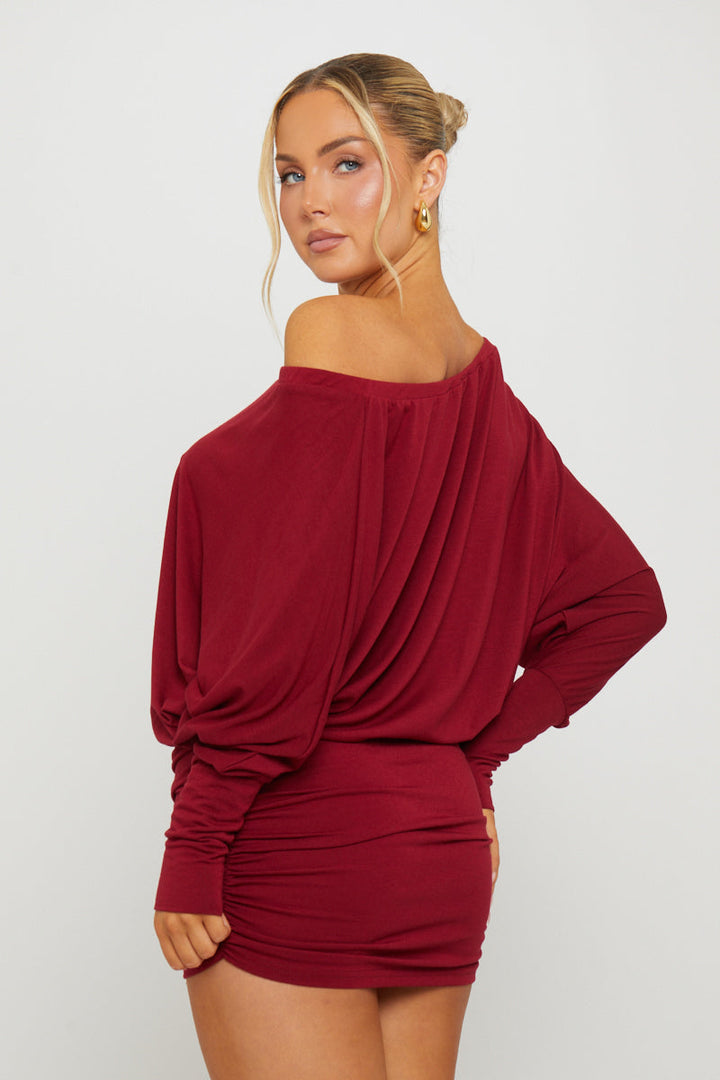 Valantomode | Chic Burgundy Off-Shoulder Ruched Batwing Mini Dress