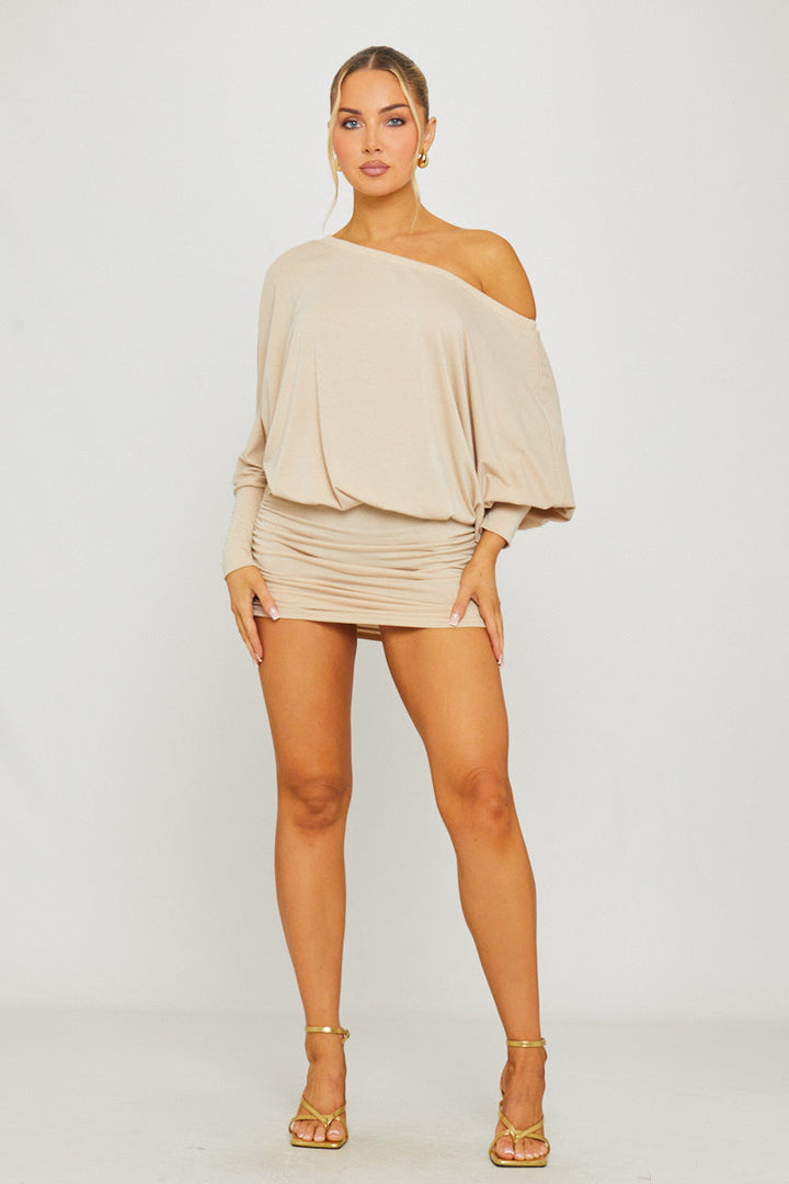 Valantomode | Chic Stone Ruched Batwing Mini Dress for Effortless Style