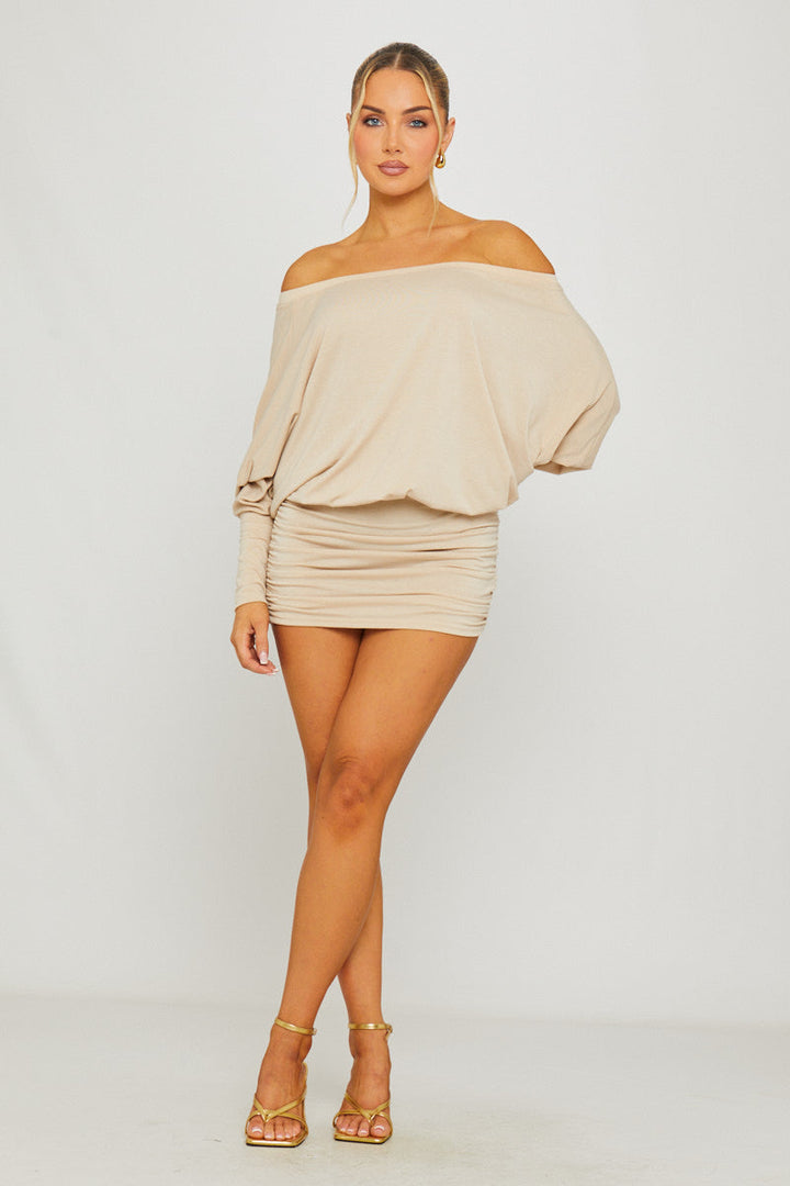 Valantomode | Chic Stone Ruched Batwing Mini Dress for Effortless Style
