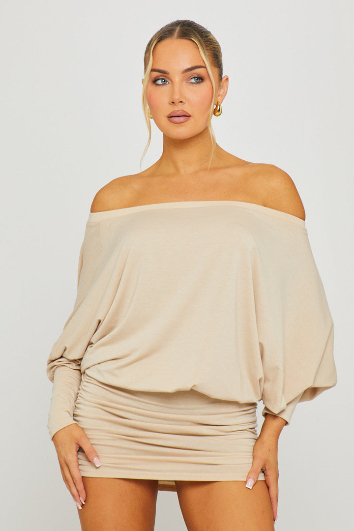 Valantomode | Chic Stone Ruched Batwing Mini Dress for Effortless Style