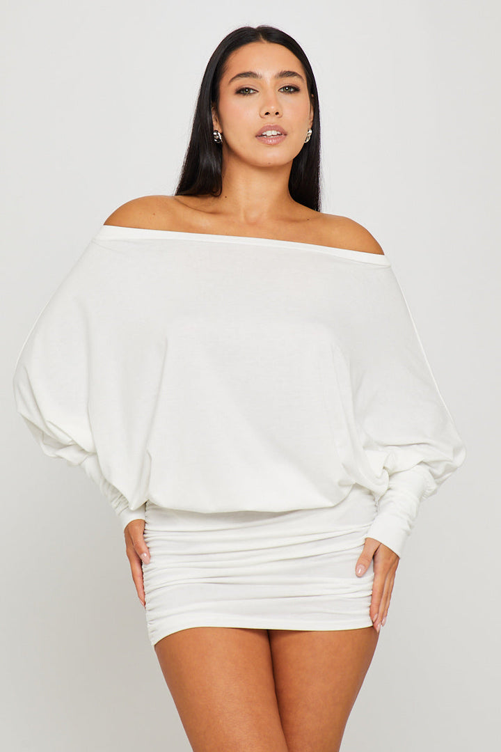 Valantomode | Elegant White Off-Shoulder Ruched Batwing Mini Dress