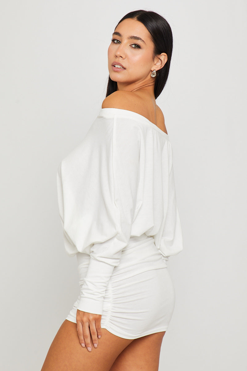 Valantomode | Elegant White Off-Shoulder Ruched Batwing Mini Dress