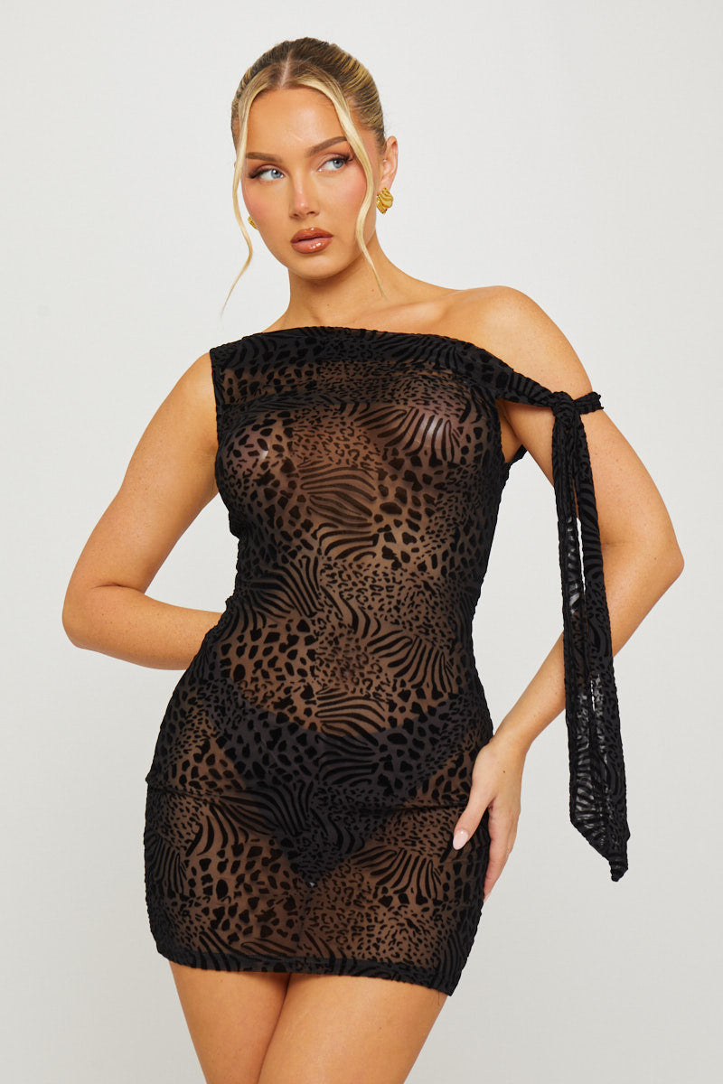 Valantomode | Chic Black Leopard One Shoulder Mini Dress