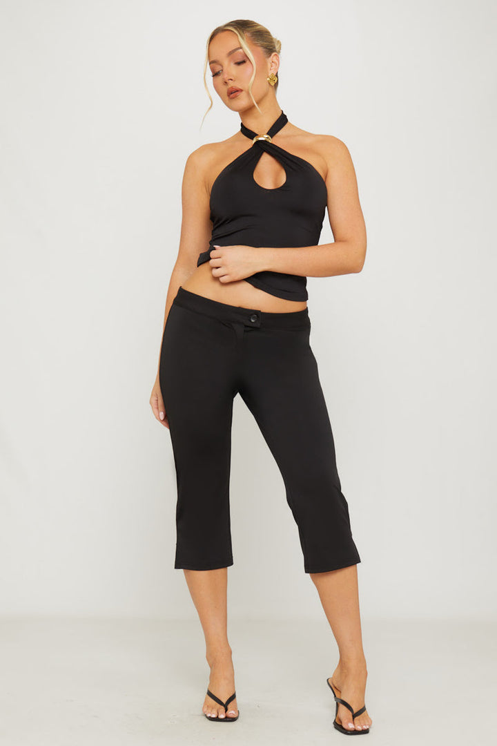 Valantomode | Chic Black Low Rise Capri Pants with Button Detail