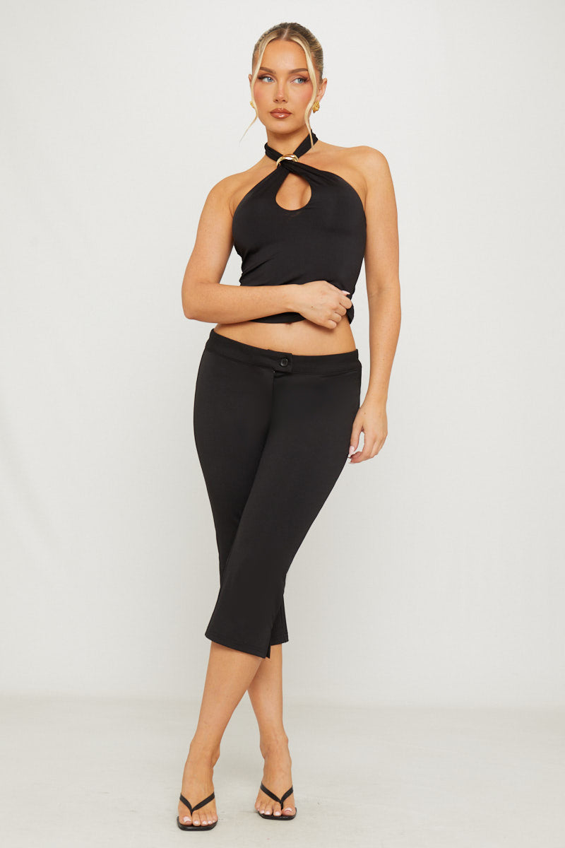 Valantomode | Chic Black Low Rise Capri Pants with Button Detail