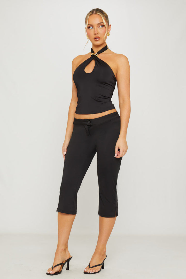 Valantomode | Chic Black Low Rise Capri Pants with Button Detail